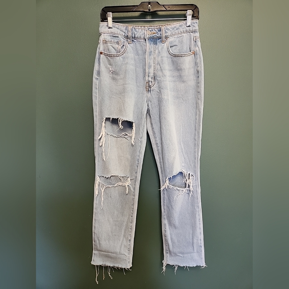 Cello Size 3 Light Wash Distressed High Rise Button Fly Straight Leg Denim Jeans